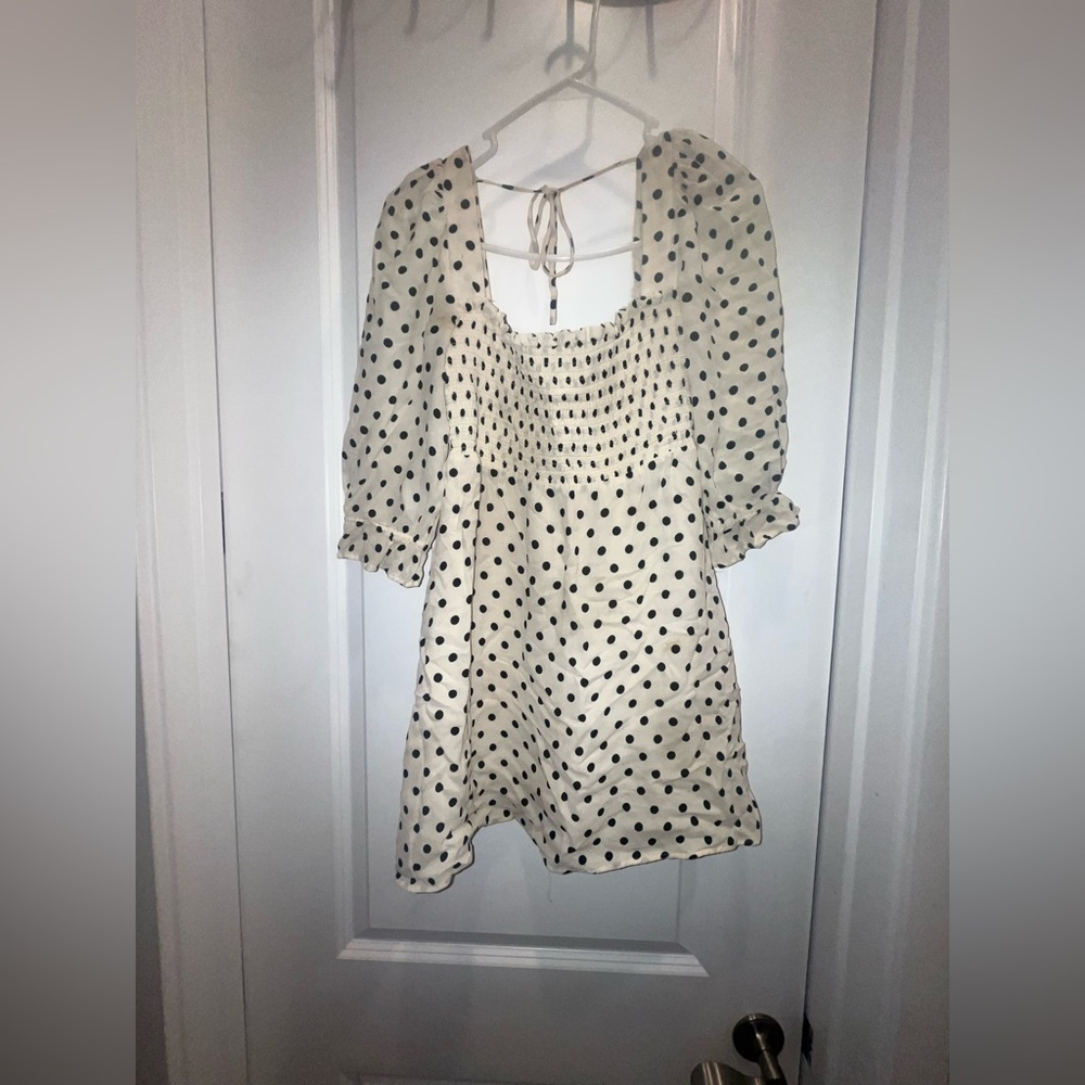 Reformation Zaria Smocked Bodice Polka Dot Mini Dress - Picture 3 of 6